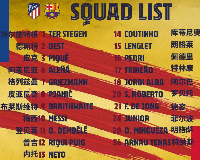 <a href=/mianfeizuqiu/barcelona/ target=_blank class=infotextkey>巴萨</a>vs马竞大名单出炉