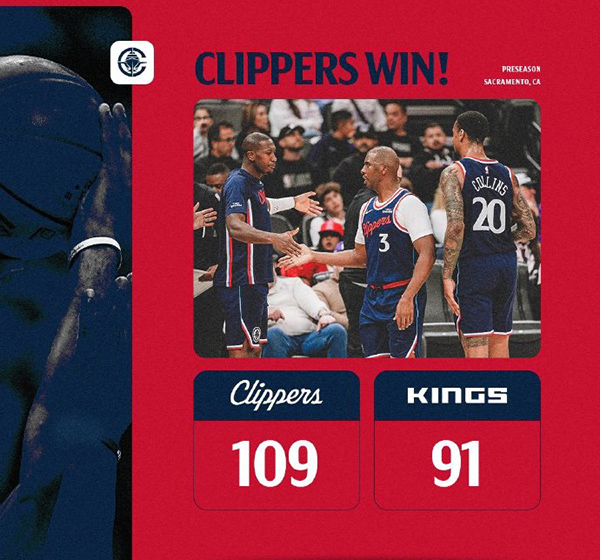 季前赛-快船109-91战胜国王，科林斯24分，萨博尼斯15分，莱昂纳德15分