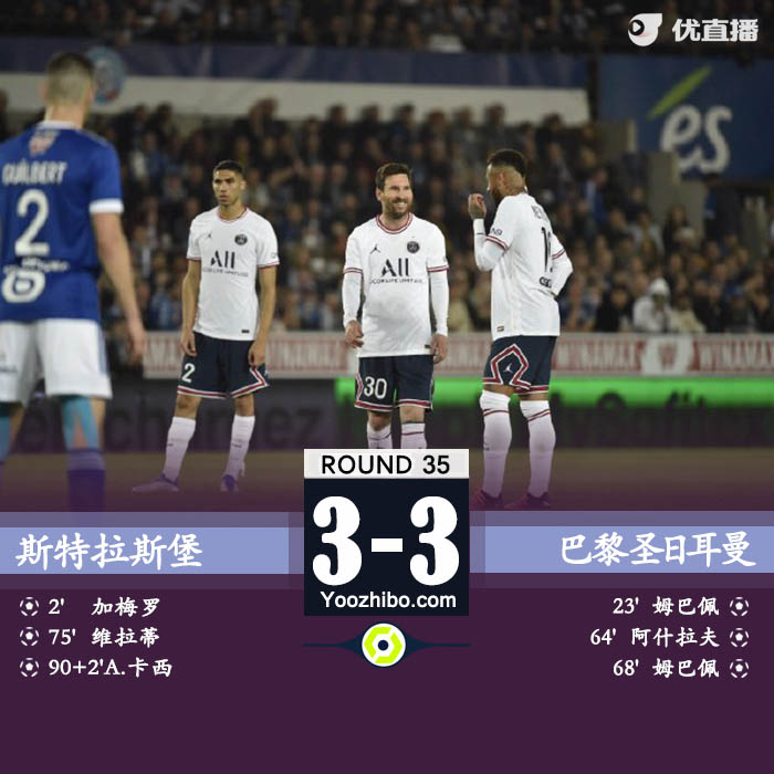 巴黎3-3斯特拉斯堡 姆巴佩2射1传维拉蒂乌龙
