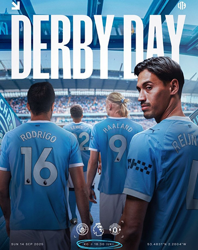 <a href=/mianfeizuqiu/mancheng/ target=_blank class=infotextkey>曼城</a>晒德比大战海报：哈兰德、罗德里、赖因德斯步入伊蒂哈德