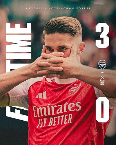 阿森纳3-0森林 约克雷斯破门 苏维门迪世界波处子球+双响