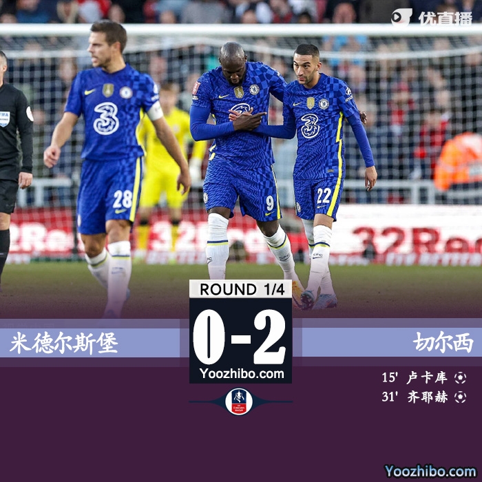 切尔西2-0米堡 卢卡库破门齐耶赫远射建功