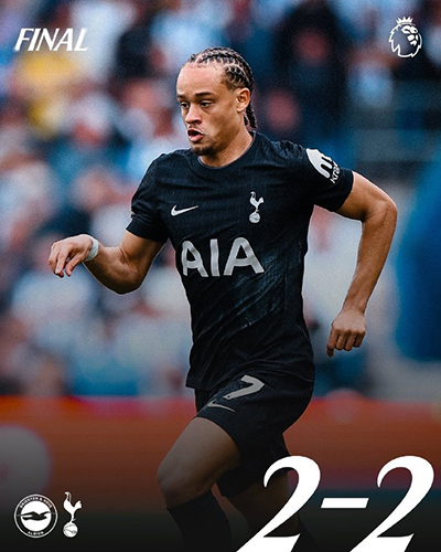 英超：热刺2-2战平布莱顿 理查利森破门 范赫克乌龙